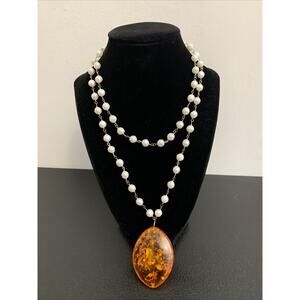 925 Sterling Silver Double Strand Pearl Necklace With Faux Amber Stone 18”